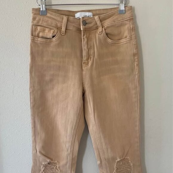 Vervet Pants - Vervet Women's Sz 26 X 28 Y2K Tan Stretchy Distressed Flare Bell Bottom Jeans